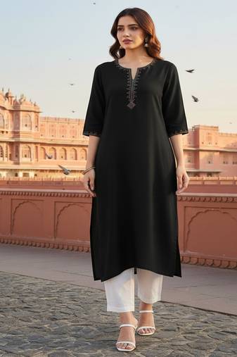 Black embroidered rayon kurta set