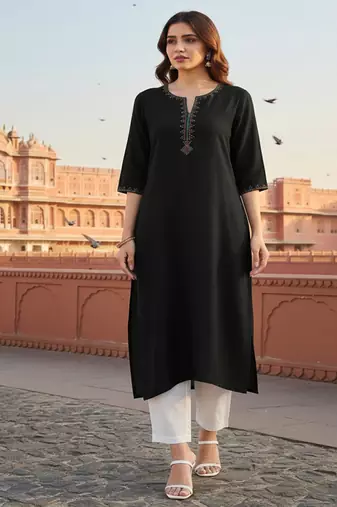 Black embroidered rayon kurta set
