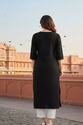 Black embroidered rayon kurta set