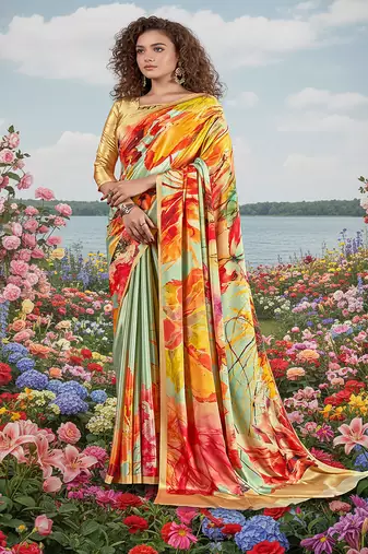 multicolor premium printed saree with blouse