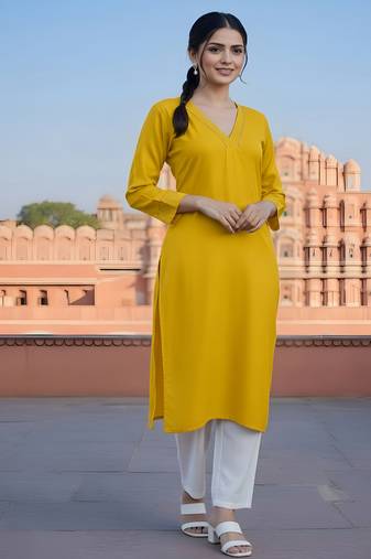 Yellow embroidered rayon kurta set