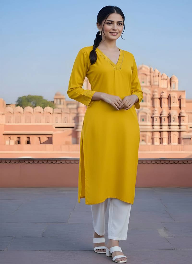 Yellow embroidered rayon kurta set
