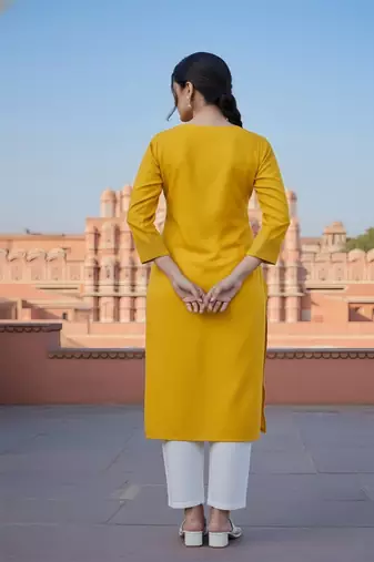 Yellow embroidered rayon kurta set