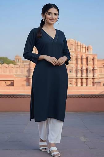 Navy  embroidered rayon kurta set