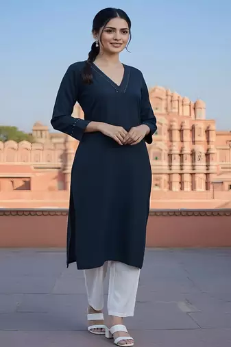 Navy  embroidered rayon kurta set