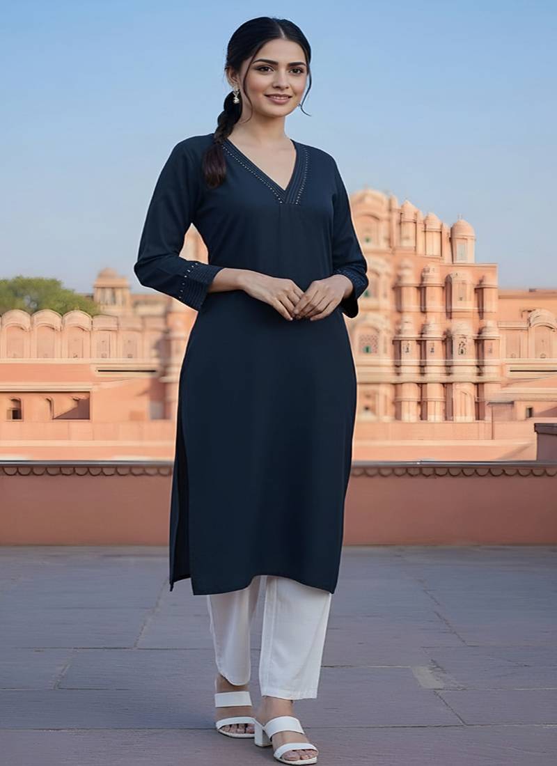 Navy  embroidered rayon kurta set