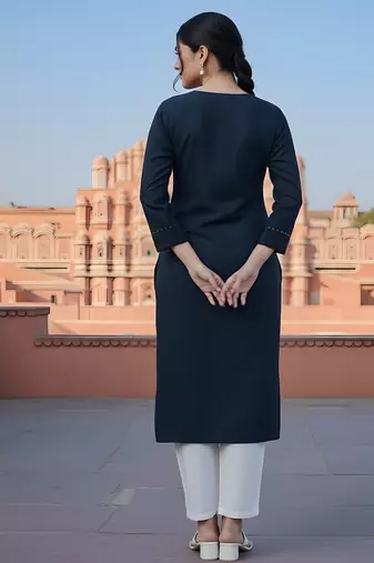 Navy  embroidered rayon kurta set