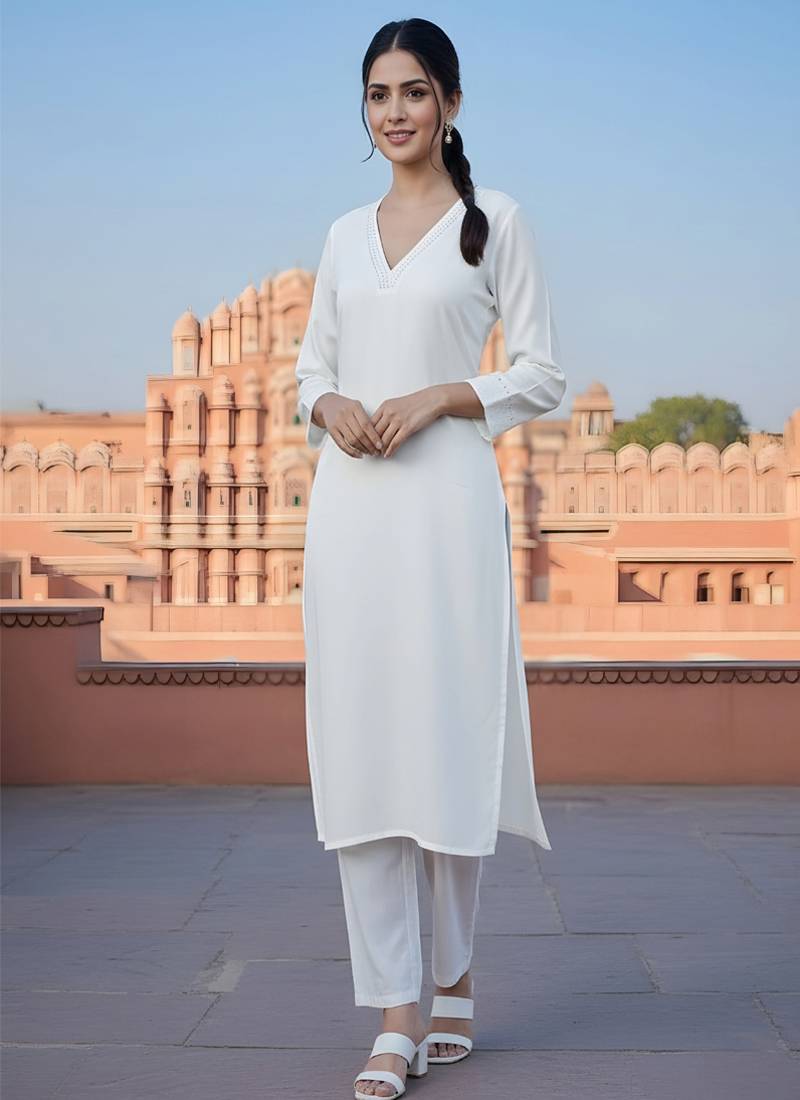 White  embroidered rayon kurta set