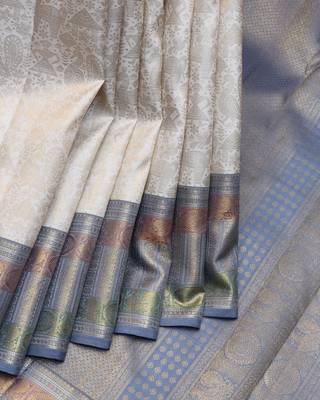 Off white and grey pure zari kanjivaram silk saree 1