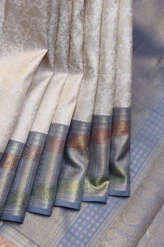 Off white and grey pure zari kanjivaram silk saree