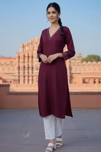 Red  embroidered rayon kurta set