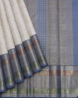 Off white and grey pure zari kanjivaram silk saree 2