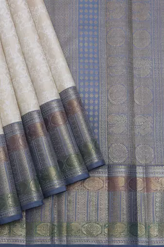 Off white and grey pure zari kanjivaram silk saree