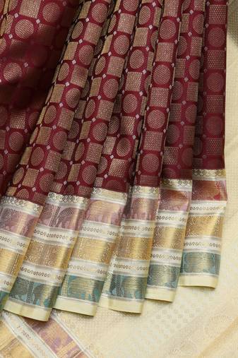 Maroon and cream designer kanchipuram silk saree