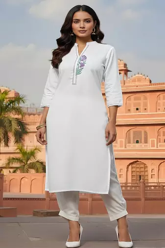 White embroidered rayon kurta set
