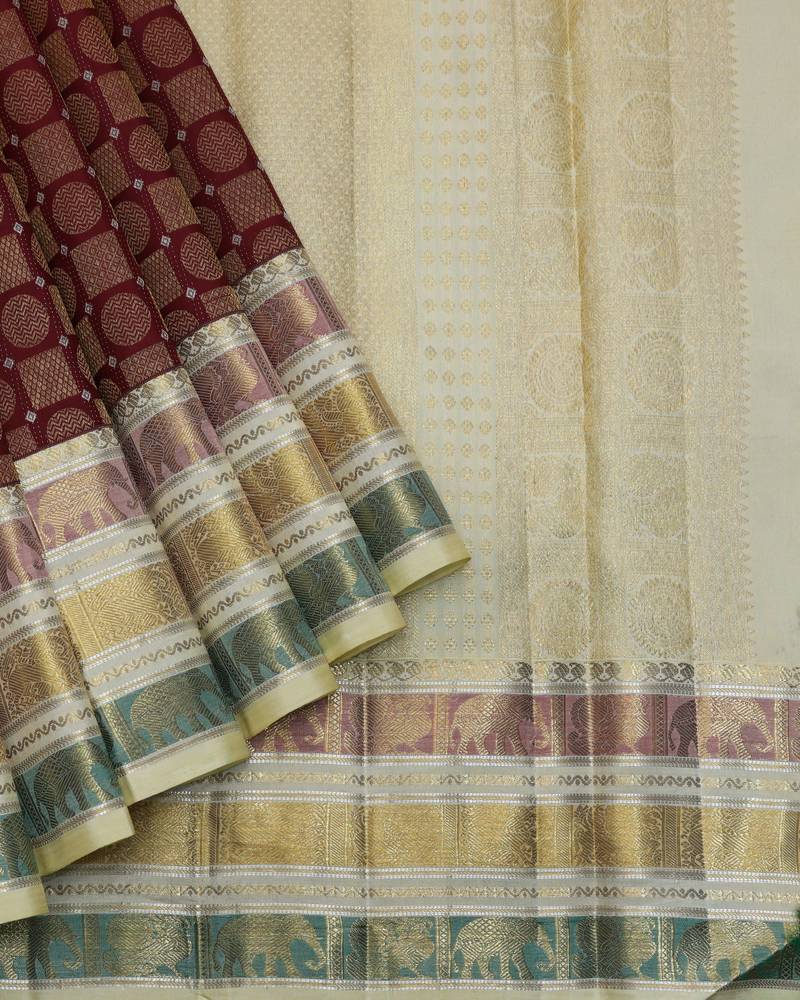 Maroon and cream designer kanchipuram silk saree