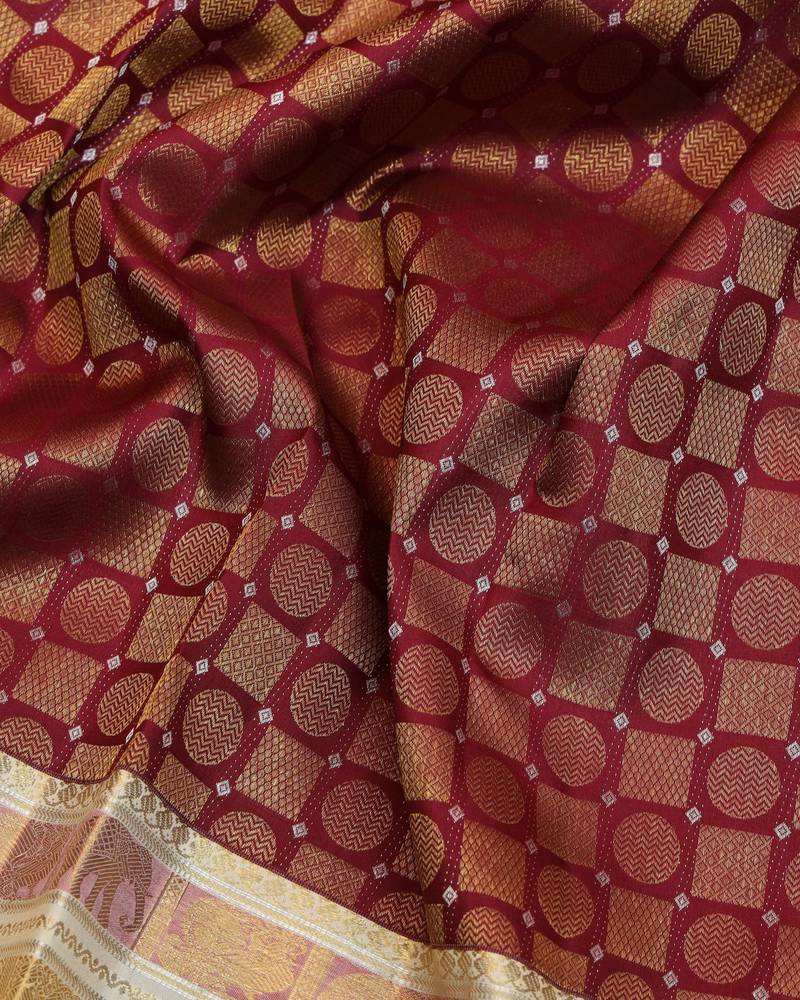 Maroon and cream designer kanchipuram silk saree