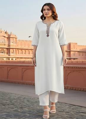 White  embroidered rayon kurta set 3
