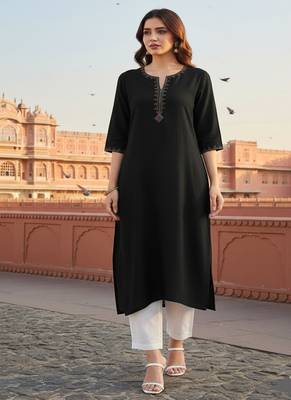 Black embroidered rayon kurta set 3