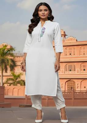 White embroidered rayon kurta set 3