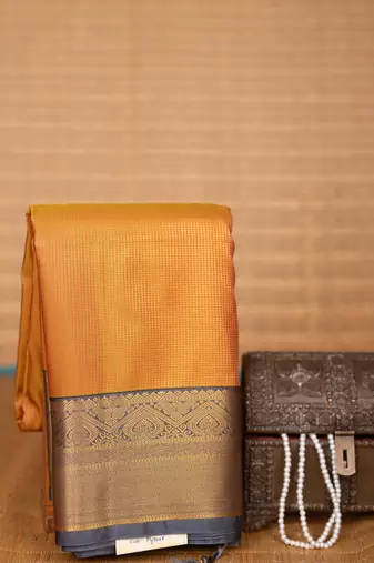 Mustard yellow and charcoal grey small checked soft silk saree