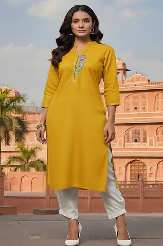 Yellow  embroidered rayon kurta set