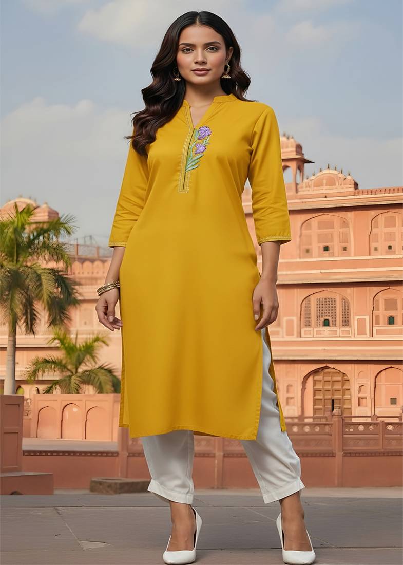 Yellow  embroidered rayon kurta set