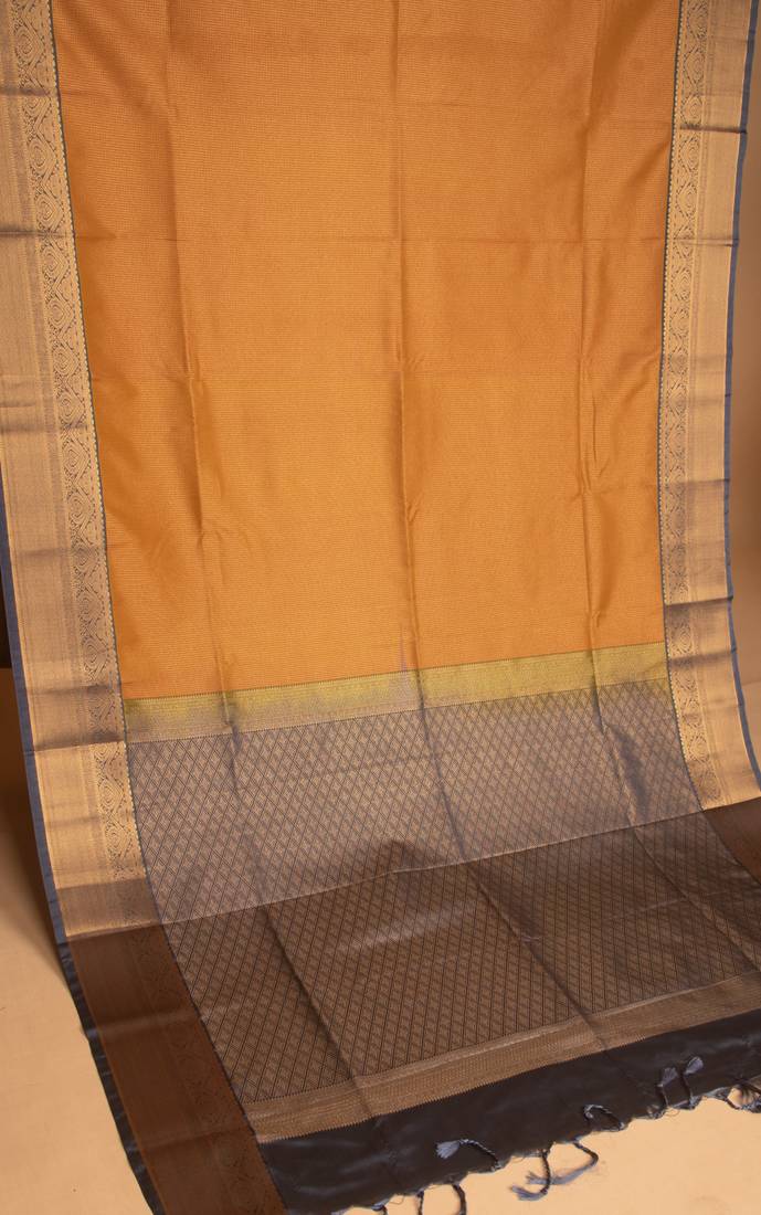 Mustard yellow and charcoal grey small checked soft silk saree