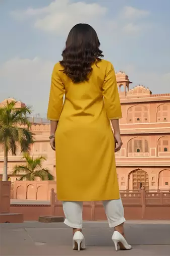 Yellow  embroidered rayon kurta set