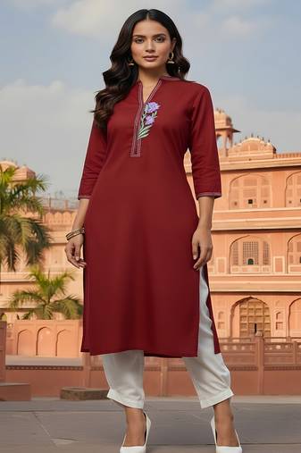 Red embroidered rayon kurta set