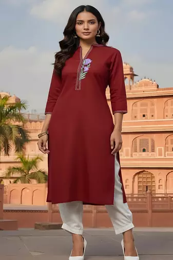 Red embroidered rayon kurta set