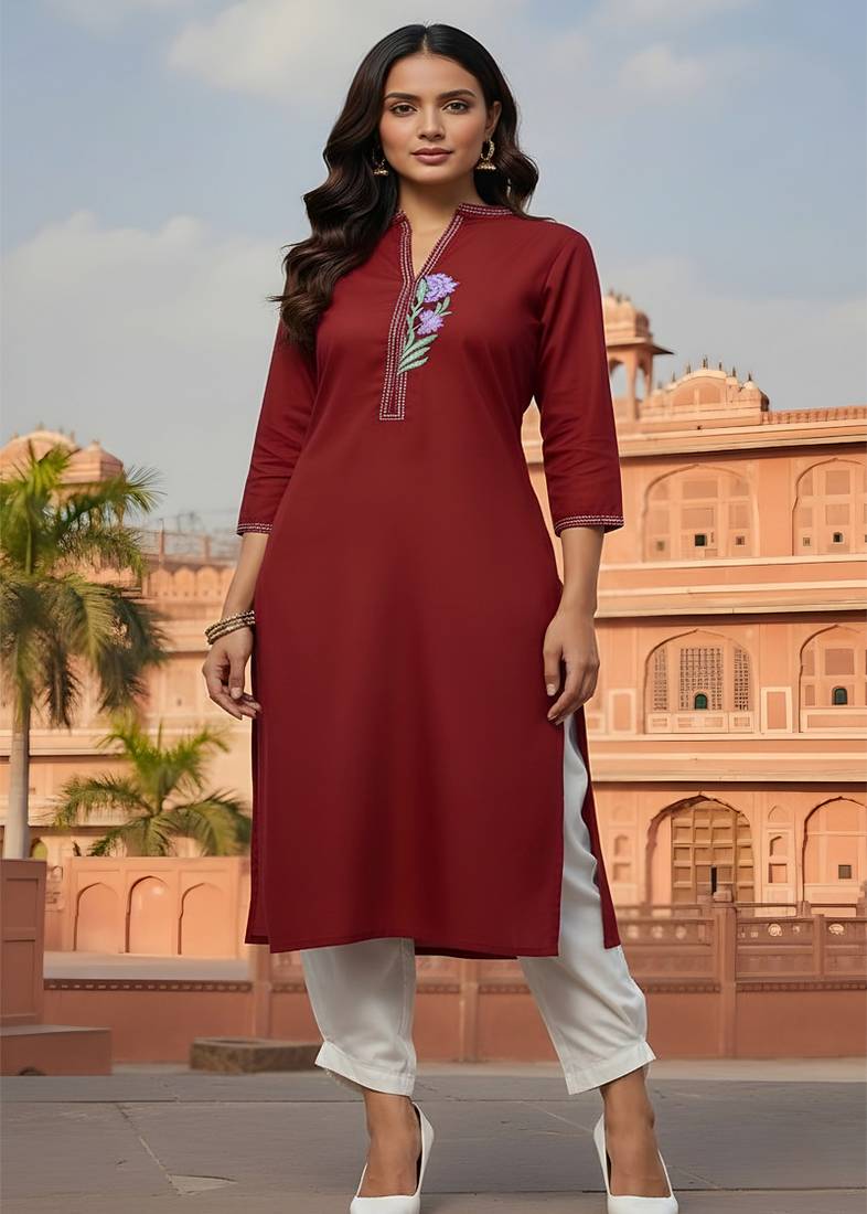 Red embroidered rayon kurta set