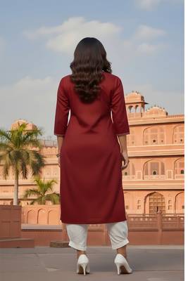 Red embroidered rayon kurta set 2