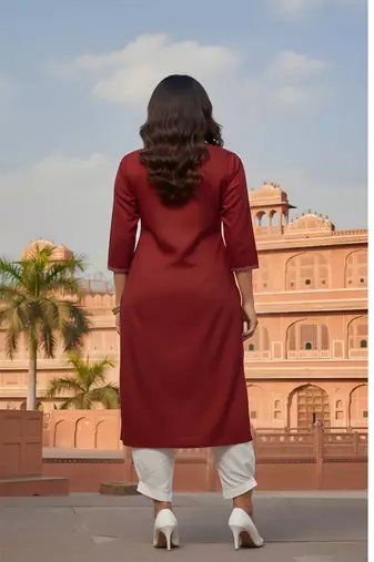 Red embroidered rayon kurta set