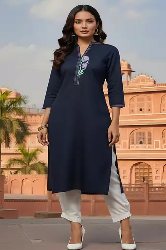 Navy embroidered rayon kurta set