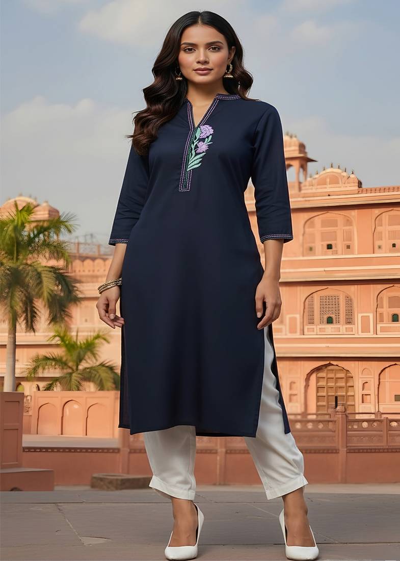 Navy embroidered rayon kurta set