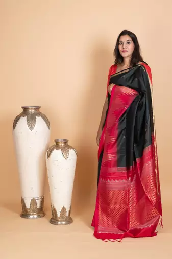 Black and crimson red pure soft silk saree