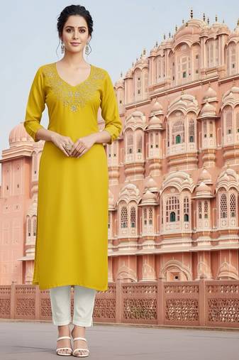 Yellow embroidered rayon kurta set