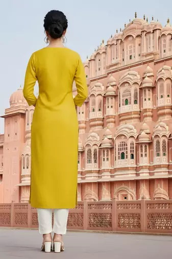 Yellow embroidered rayon kurta set