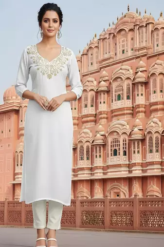 White embroidered rayon kurta set
