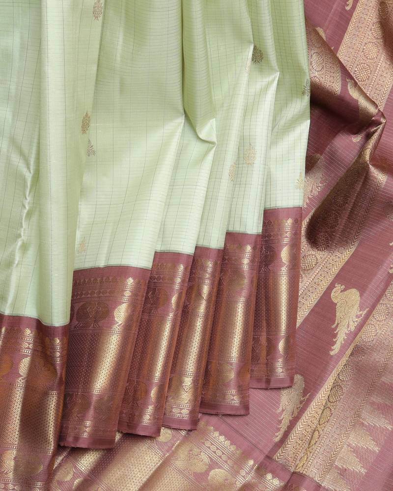Tea green and chocolate pure zari silk saree