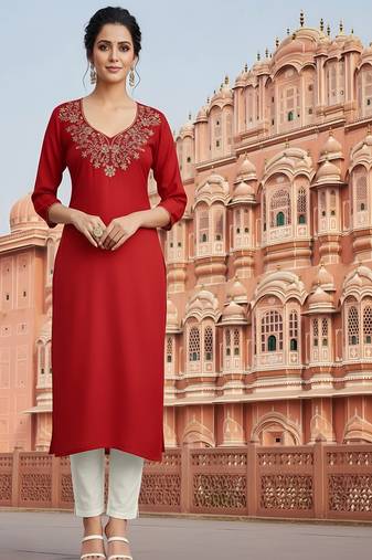 Red embroidered rayon kurta set