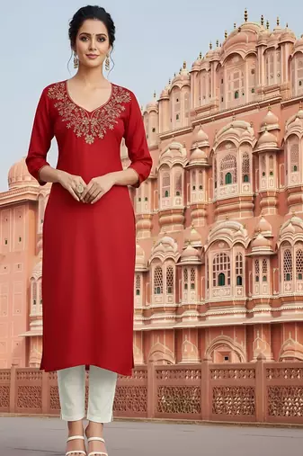 Red embroidered rayon kurta set