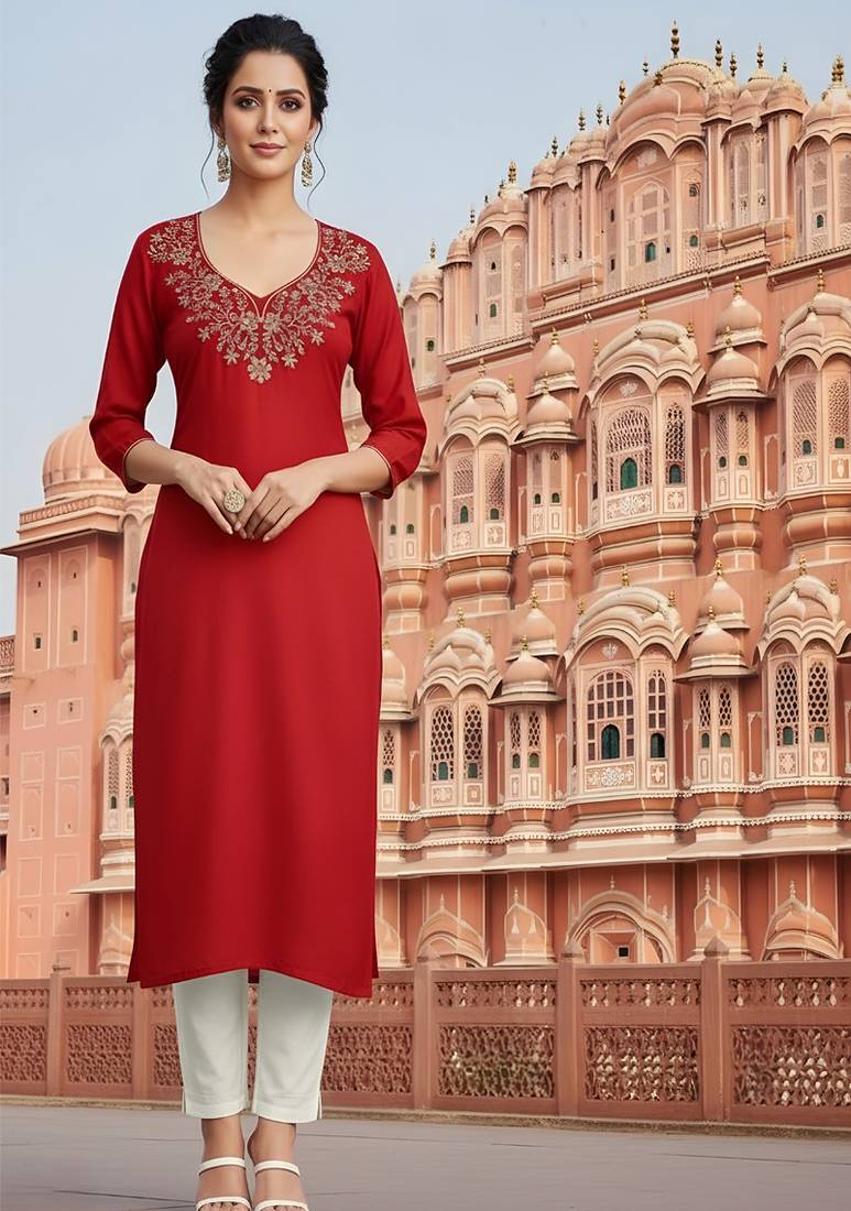Red embroidered rayon kurta set