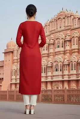Red embroidered rayon kurta set 2