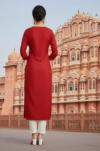 Red embroidered rayon kurta set