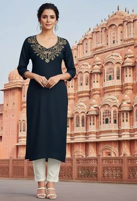 blue embroidered rayon kurta set 1