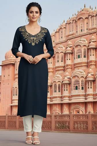 blue embroidered rayon kurta set