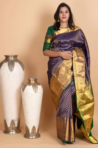 Midnight blue and forest green pure kanjivaram silk saree