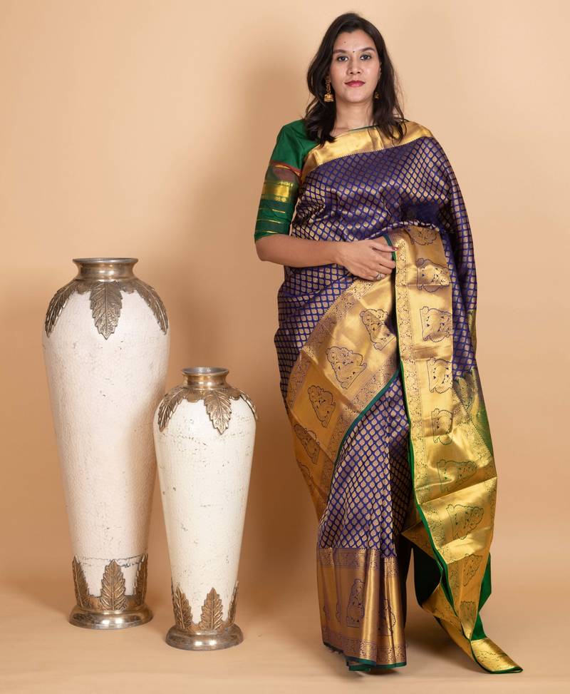 Midnight blue and forest green pure kanjivaram silk saree